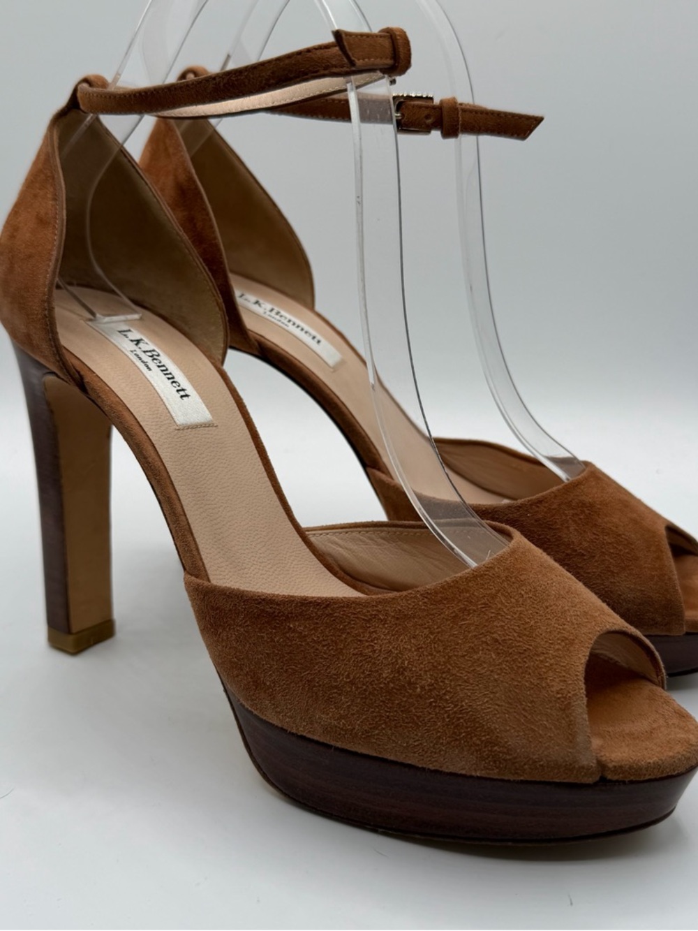L.K. Bennett Brown Suede Platform Peep Toe Heels EU 40 Ankle Strap Spain